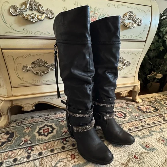 Not Rated Stacey High Harness Slouchy Boots Rhinestone Straps And Buckles - Picture 3 of 16